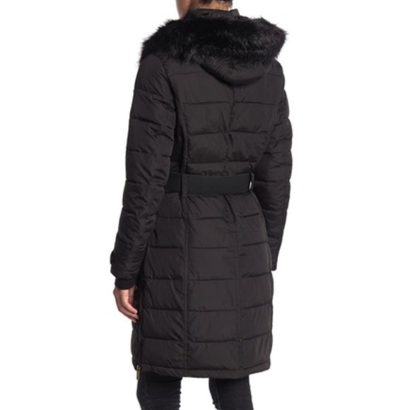 French Connection Faux Fur Belted Hoodie Puffer - Picture 2 of 6